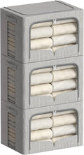 FHSQX 3 Pack Clothes Storage Bins - Foldable Metal Frame Storage Box - Stackable Linen Fabric Container Organizer Set with Carrying Handles and Clear Window (Light Gray, 15.7x11.8x9.8inch(30L))
