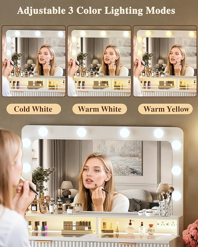 HUAHUU Fluted Vanity Desk with Mirror and Lights, Makeup Vanity Desk with Glass Top, Nightstand & Fluted Panel Design, 5 Drawers, 3 Colors Lighting Adjustable Brightness, Power Outlet, White