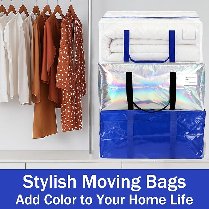 6 Pack moving bags,Extra Large heavy duty moving bags,with Strong Zipper & Comfortable Handles, packing bags for moving storing clothes, daily outings.college students (Set of 6, Multicolor）