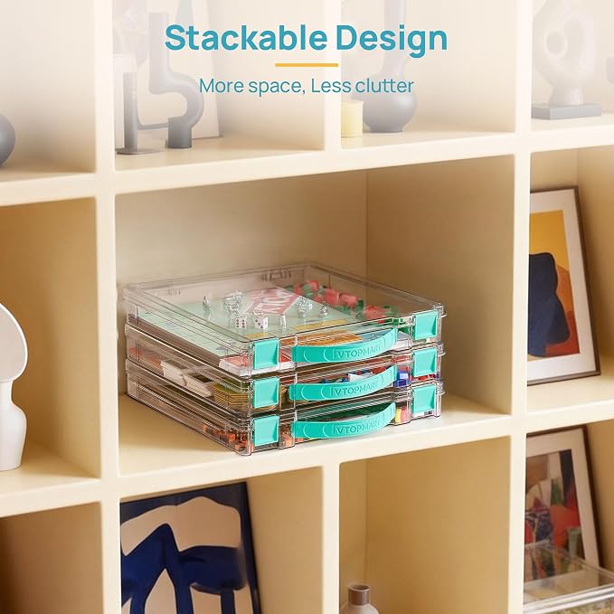 Vtopmart 3 Pack Board Game Storage with Handle and Snap-Tight Latch Lid | Clear Craft Organizer Fit 12" x 12" Papers, Stackable Storage Box for Scrapbook Storage, Art Supply Storage, Puzzle Storage