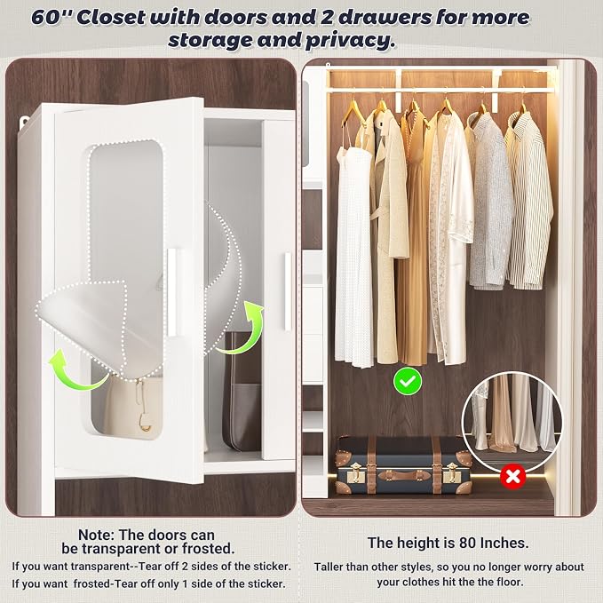 5FT Closet System with Doors and Wooden Drawers, 60'' Reversible Closet Organizer System with Big Wing Shelf and Hanging Rod, 80'' Tall Walk in Wardrobe Closet System with Shelves & Hooks, White