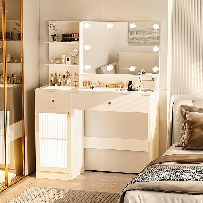 INNOD 40" Vanity Desk with Large Mirror and Lights, Modern Glass Top Makeup Vanity Set with Power Outlet, Drawers and Cabinet, 3 Lighting Color Adjustable Dressing Table for Bedroom,White