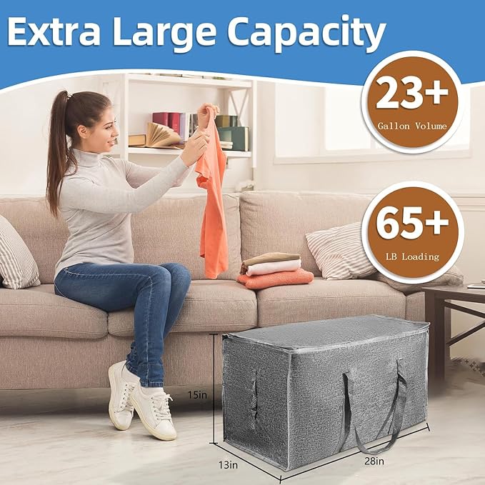 12 Pack-Extra Large Heavy Duty Moving Bags - Waterproof Storage Totes with Handles & Zippers, Foldable for College Dorm, Storage (Gray)