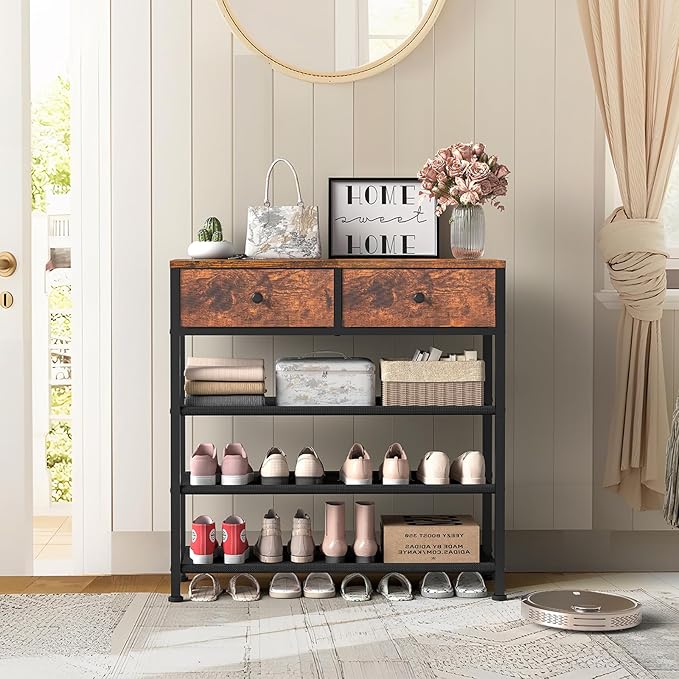 usikey Shoe Rack, 4 Tier Shoe Storage Organizer with 2 Drawers, Metal Shoe Shelf for 9-12 Pairs of Shoes, with 3 Oxford Fabric Shelves and Wooden Top, Shoe Stand for Entryway, Closet, Rustic Brown