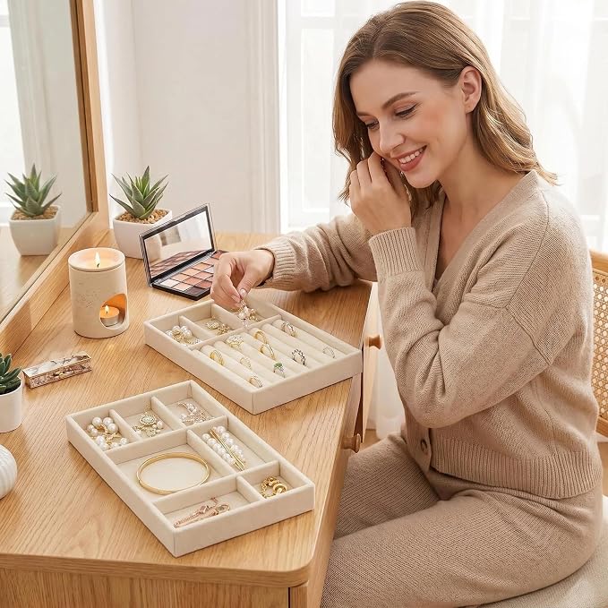 Stackable Jewelry Organizer Trays for Drawer, Set of 4 Velvet Jewelry Drawer Inserts in Dresser, 8in Storage Display Case for Rings Stud Necklaces Accessories(Beige)