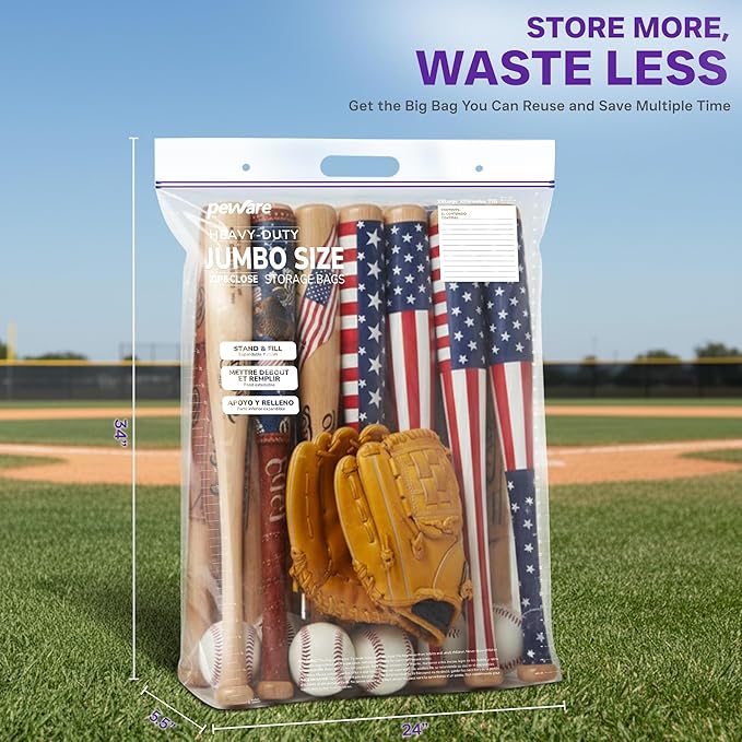 20 Gallon Heavy Duty Jumbo Storage Bags with Handle – 24" x 34" Resealable Zipper Top, Oversized Storage Solution for Clothes, Food, Pillow, Bedding, Household, BPA-Free, Pack of 15, 6 Mil Thick