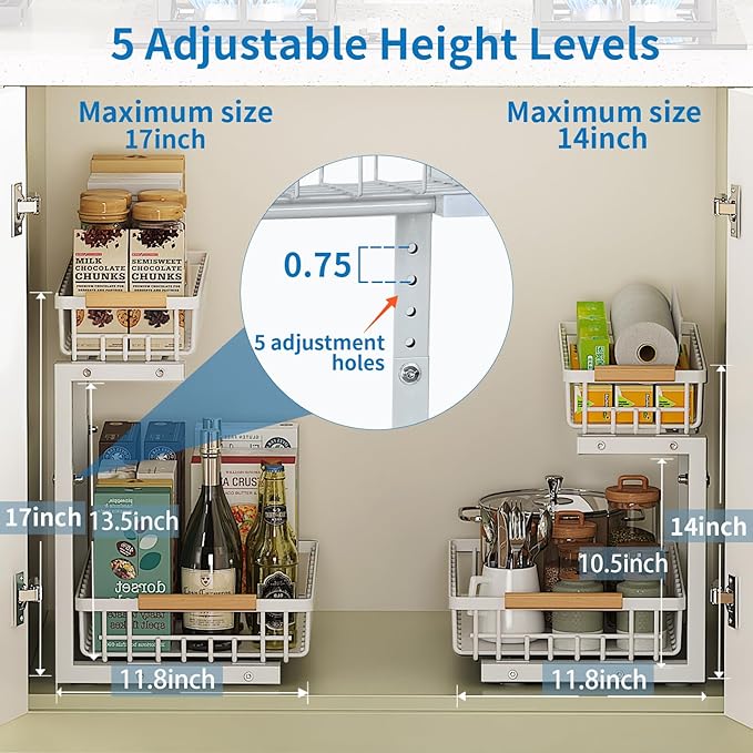 Under Sink Organizer 2 Tier Bathroom Under Sink Organizers and Storage 1 Pack Kitchen Pull out Cabinet Organizer Metal Sliding Drawer for Kitchen Pantry Cabinet Closet Organization Rack White