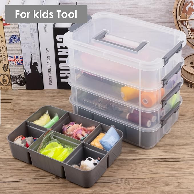 CraftGenes Craft Organizers and Storage, 4-Tier 10 Qt Box, 2 Trays, Grey | Clear Compartments; Dual Removable Inserts; Carry Handle; Side Latches; Beads, Ribbon, Stamps, Scrapbook Pieces, DIY Tools