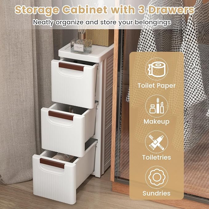 LOKO 3-Drawer Narrow Storage Cabinet, Slim Rolling Cart (7.5"x16.5"x22.5") | Mobile Plastic Cart Container | Pull Handles & Built-in Wheels | For Living Room, Kitchen, Bathroom, Office