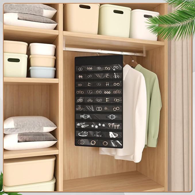 Hanging Jewelry Organizer, Double-Sided Necklaces Holder, Black | 42 clear pockets organize rings & earrings; 36 wire necklace hooks reduce tangles; top hook hangs in closets, walls or doors.