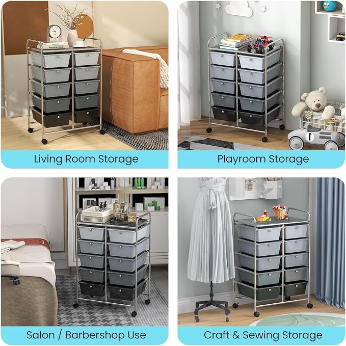 Moccha Rolling Storage Cart with 10 Drawers - Under Desk Cabinet on Wheels for Craft Art Supply Paper Salon, Scrapbook Paper Tools, Multipurpose Mobile Utility Cart for Classroom, Gradient Grey