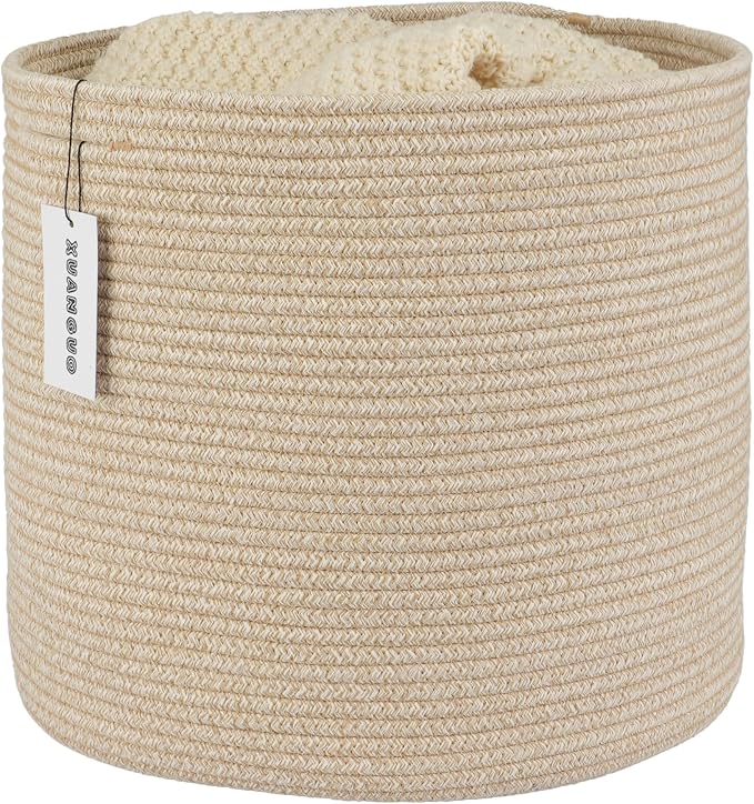 XUANGUO Cotton Rope Woven Basket, 16x14 in Kids Laundry Basket, oatmeal | Round blanket basket and small laundry basket; baby hamper or nursery storage bin for girls, boys, toys, clothes and shoes