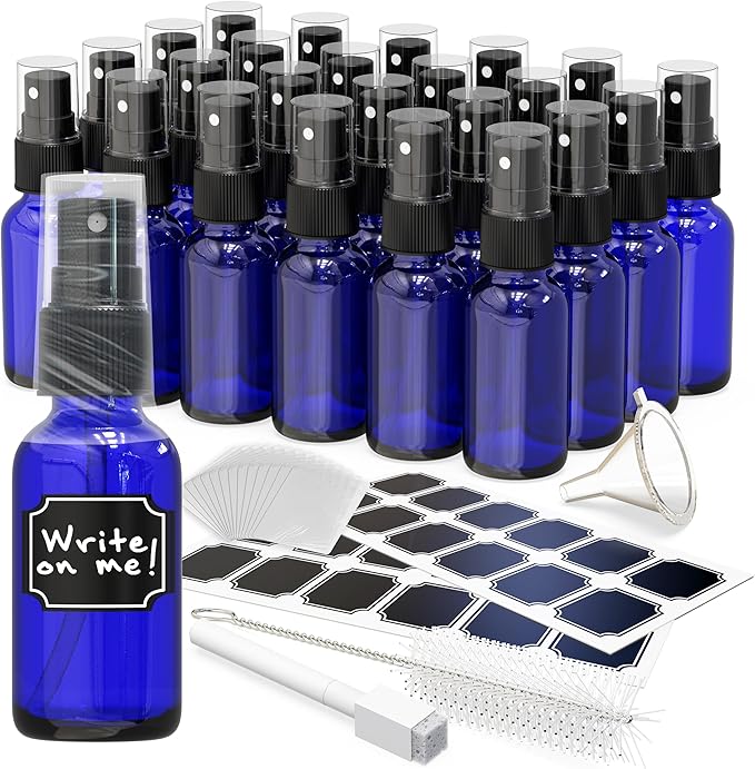 Nevlers 1 Oz Blue Glass Spray Bottles for Cleaning & Refreshment 24 Pack | Small Spray Bottle Travel Size Set w/ Shrink Wrap, Funnel, Brush, Marker & Labels | Perfume Travel Refillable Containers