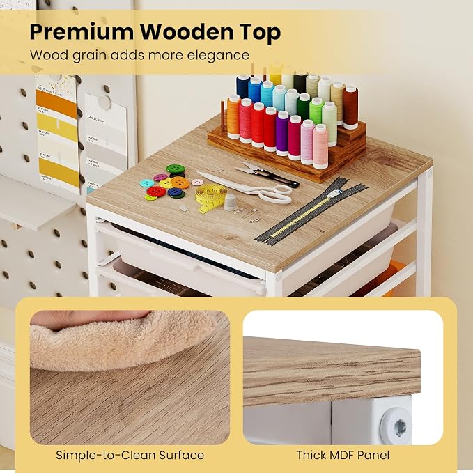 GOFLAME 10-Drawer Rolling Storage Cart, Craft Storage Cart with Wooden Tabletop and Lockable Wheels, Art Cart Supply Storage Organizer with Metal Frame for Home Office Classroom, Macaron Color