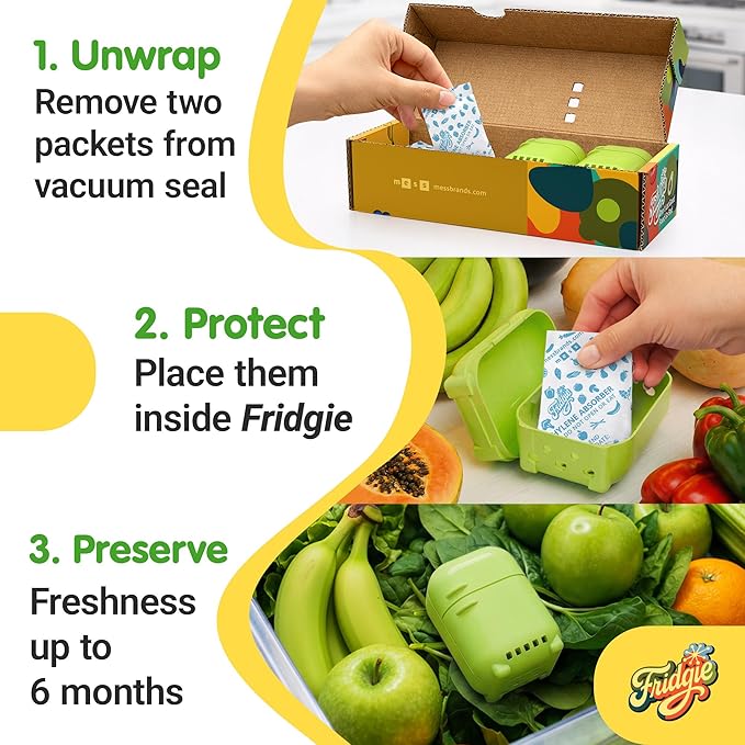 Fridgie Produce Saver, Ethylene Gas Absorber, Fresh Vegetable Saver - Green | 4 refill packets, up to 12 months, slows ripening, cuts food waste, crisper drawer, keeps lettuce, berries, herbs crisp