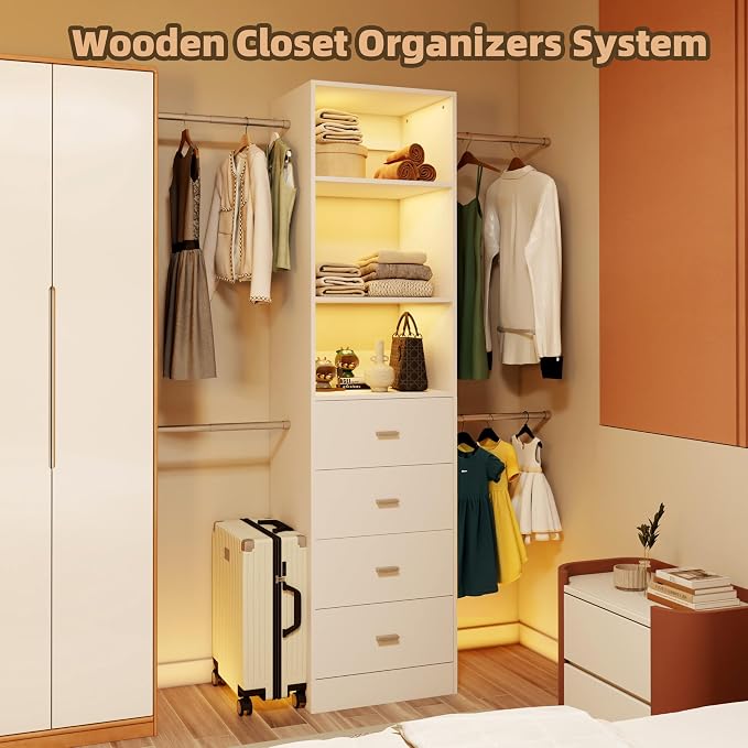 Closet System, 3Ft-5Ft Closet Organizer System With 4 Wooden Drawers, Walk-In Closet Storage System With 4 Expandable Hanging Rods, Adjustable Cloth Garment Rack from 3 to 5FT, White