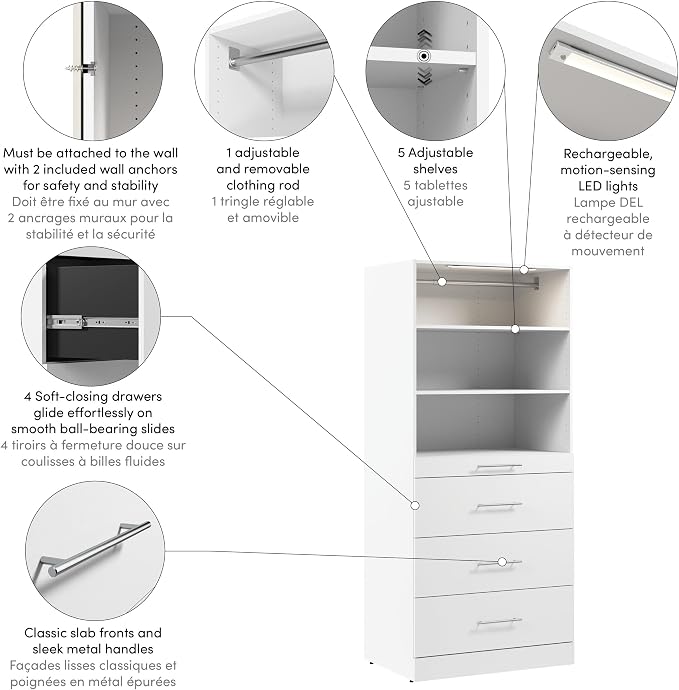 Bestar 36W x 25D Modular Closet Organizer System Tower, Reach-in Closet or Walk-in with LED Light, Shelves, and 4 Drawers, Slab Style, Florence Collection, White