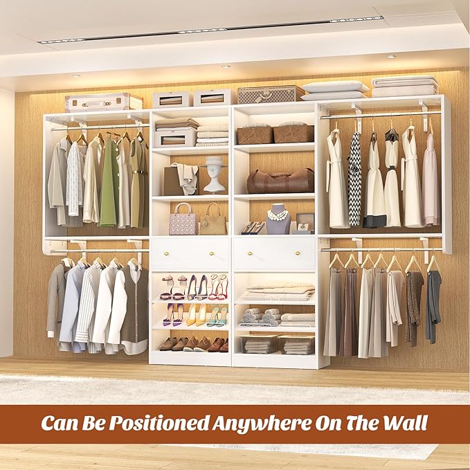 Closet System with Drawer - Reversible 5FT Wood Closet Organizer System with 2 Hanging Rods and Adjustable Shelf, Walk In Closet Organizers with Shoe Rack, Built-In Garment Rack Clothes Rack, White