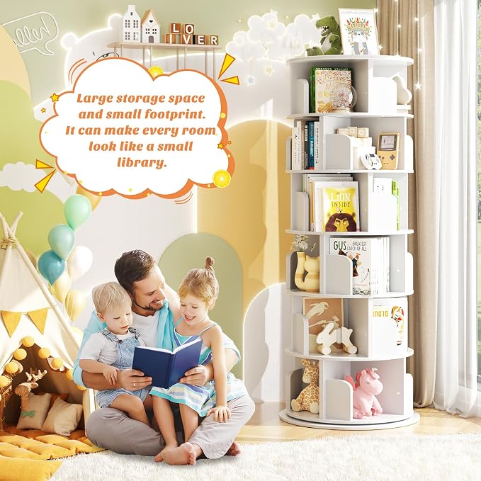 Aheaplus 6 Tier Rotating Bookshelf, Wood Spinning Bookshelf Tower, Round Revolving 360 Bookcase, Narrow Turning Book Shelf Rolling Corner Organizer for Small Space, Bedroom, Office, White