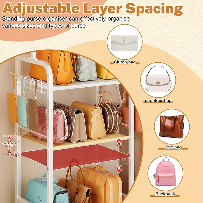 Tall 5-Tier Purse Organizer for Closet with 5 Purse Hanger, Large Purse Rack Stand with 6 Side Hooks, Adjustable Handbag Organizer Shelf, Space-Saving Narrow Purse Storage Organizer for Small Place