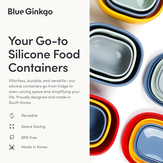 BLUE GINKGO Nesting Silicone Containers - Set of 3 Hard-Shell Silicone Food Storage Containers | BPA Free, Airtight, Dishwasher and Freezer Safe (6.7oz, 10oz, 20oz) - Blue