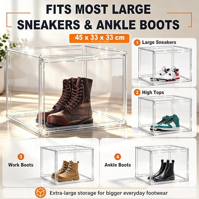 XXX-Large Extra Large Acrylic Display Case 17.3'' x 13'' x 13'' Transparent Sneaker Shoe Organizer Clear Plastic Stackable Boot & Shoe Boxes Large Showcase for Helmet, Handbag, Figures Collectibles