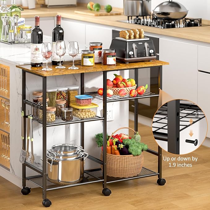 ThreeHio Rolling Kitchen Microwave Cart, 3-Tier Microwave Stand with Adjustable Shelf, Kitchen Storage Island on Lockable Wheels, Coffee Bar Baker's Rack Utility Cart for Living Room, Office, Balcony