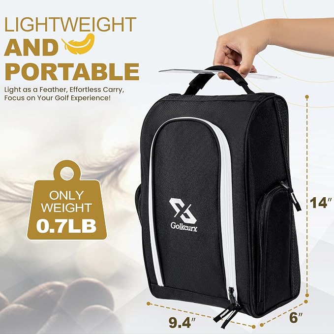 Golkcurx Golf Shoe Bag Travel Sport Shoe Carrier Bags for Men Women, Black | Zippered, Side Accessory Pockets, for Socks, Tees, Golf Balls, Travel Sport Shoe Carrier, Golf Accessories, Golf Gifts
