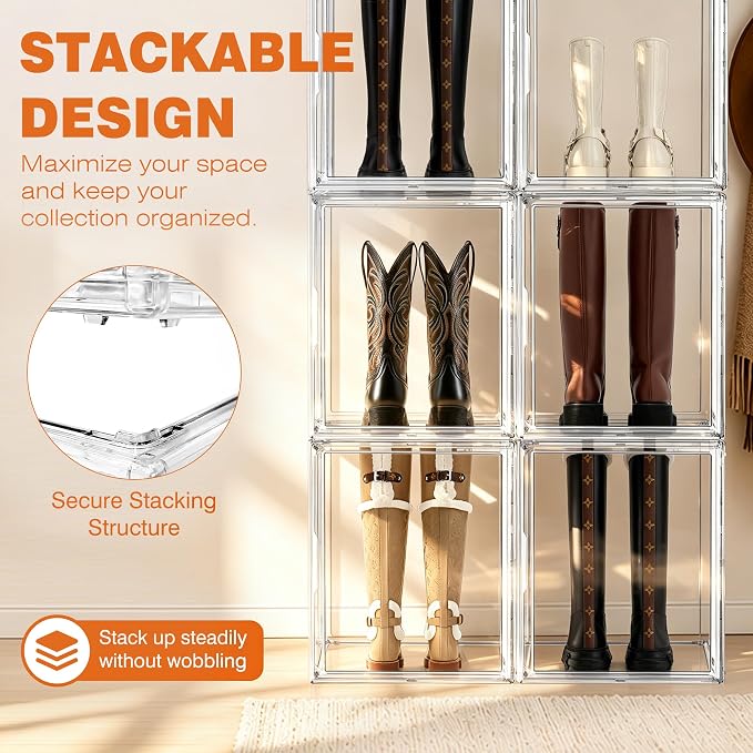 5 Pack XXX-Large Extra Large Acrylic Display Case 17.3'' x 13'' x 13'', Transparent Sneaker Boxes Clear Plastic Stackable Boot & Shoe Boxes Large Showcase for Helmet, Handbag, Figures Collectibles