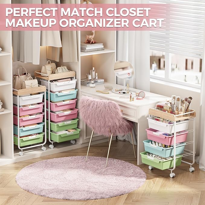 Utility Cart with Drawers,Craft Cart with 5 Drawers,Art Supply Organizer,Rolling Drawer Cart,Craft Storage Cart,Storage Drawer Carts With DIY Lable and Wooden Tabletop Area,Colorful