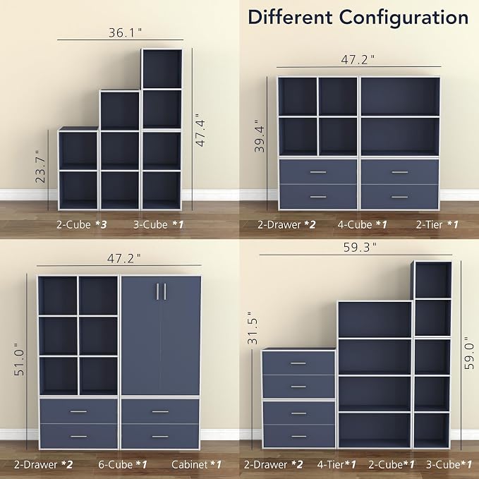 Homes: Inside + Out Apexa 4-Tier Cube Storage Organizer Shelves, Stackable Wood Bookcase Fits Cubby Bins for Organization, Dorm Teen Room Decor & Home Office, Steel Blue