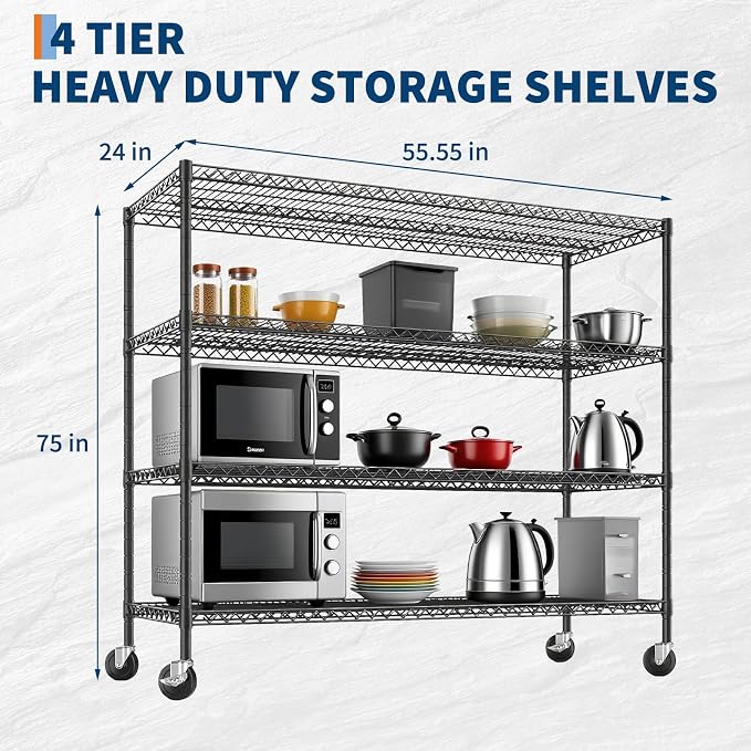4-Tier Heavy Duty Wire Garage Shelving with Wheels, 2200 LBS Capacity, 24" D x 56" W x 75" H, Adjustable Spray-Coated Iron Metal Storage Rack for Warehouse, Kitchen, Pantry, Utility Room - Black