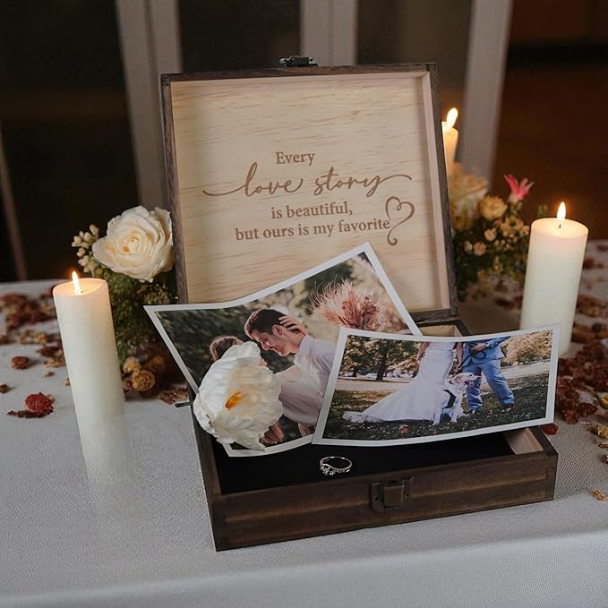 Mr and Mrs Wedding Memory Box- Wooden Keepsake Box with Lid for Couples, Rustic Storage Box for Cards, Photos & Mementos, Wedding Anniversary & Engagement Gift- 8.5 x 8 x 2.4 Inches