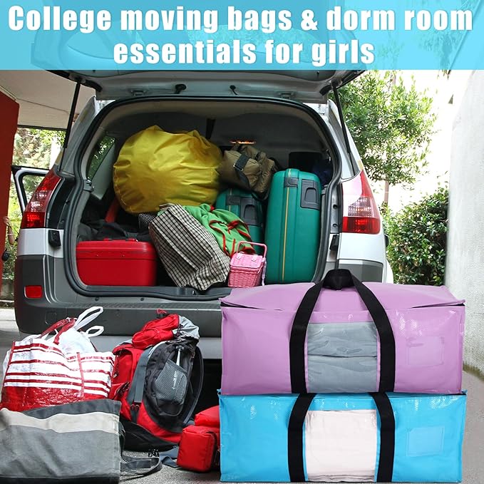 6 Pack Heavy Duty Extra Large Dorm Moving Bags with Visible Window and Reinforced Handles Heavy Duty Storage Tote for Space Saving Moving Supplies Clothes College Students(Pink Purple Blue)