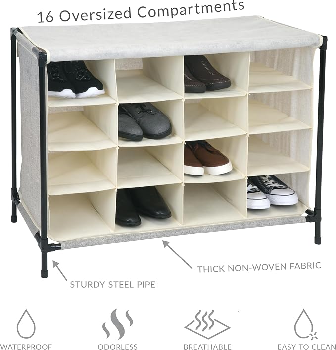Simplify 16 Pair Shoe Rack with Cover | Stackable | Storage & Organization | Closet | Bedroom | Entryway | Beige
