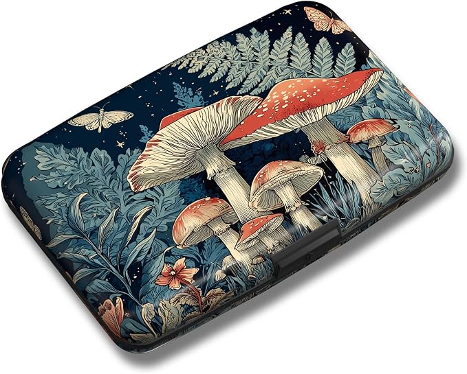 Maicican Credit Card Holder, Mini RFID Blocking Aluminum Wallet | Slim Metal Hard Case Travel Wallet ID Case for Women and Men, 4.3 x 2.9 Inches, Starry Night Mushroom
