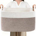 96L XXXLarge Woven Laundry Basket with Sturdy Handles - White/Brown | 24x16x15 Foldable Rectangular Blanket Basket for Toys, Clothes & Pillows,Ideal for Nursery, Bathroom, Bedroom, Living Room