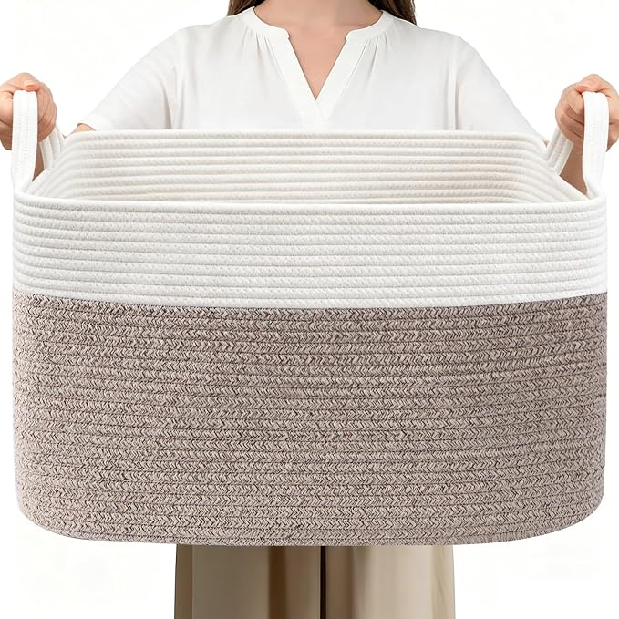 96L XXXLarge Woven Laundry Basket with Sturdy Handles - White/Brown | 24x16x15 Foldable Rectangular Blanket Basket for Toys, Clothes & Pillows,Ideal for Nursery, Bathroom, Bedroom, Living Room