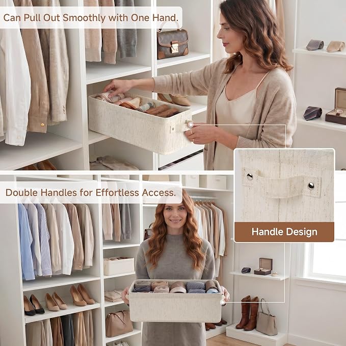 StorageWorks Narrow Storage Bins, Small Basket for Closet and Shelves, Fabric Organizer with Handles, Toilet Paper Storage, Beige, Cotton Linen, 2-Pack