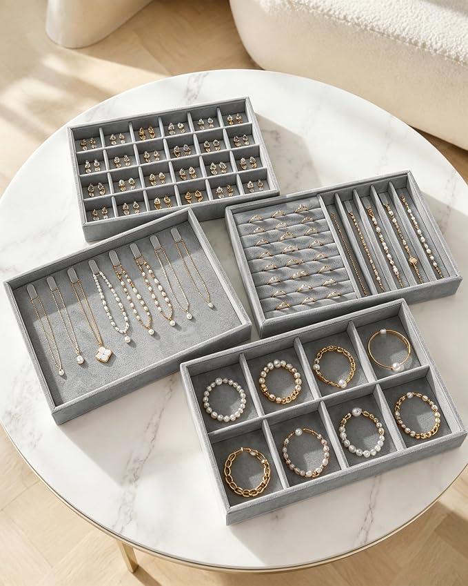 Velvet Jewelry Drawer Organizer Tray Set, 4-Layer Stackable Storage with Removable Dividers for Earrings Rings Necklaces Bracelets (Grey, 4 Layers)