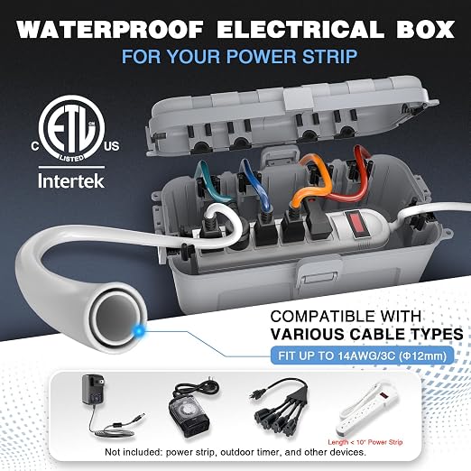 Flemoon [2 Pack] Outdoor Electrical Box Waterproof, Medium Weatherproof Electrical Box (11.5x5.2x4 inch) w/6 Cable Entry Ports, Extension Cord Cover for Power Strip, Plug, Holiday Light, Light Grey | Electrical Box (11.5x5.2x4inch) w/6 Cable Entry Port...
