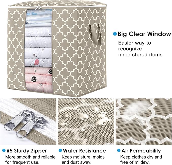 WISELIFE Storage Bags 4 Pack/100L Large Blanket Clothes Organization and Storage Containers for Comforters,Bedding, Foldable Organizer with Reinforced Handle, Clear Window, Sturdy Zippers,Beige