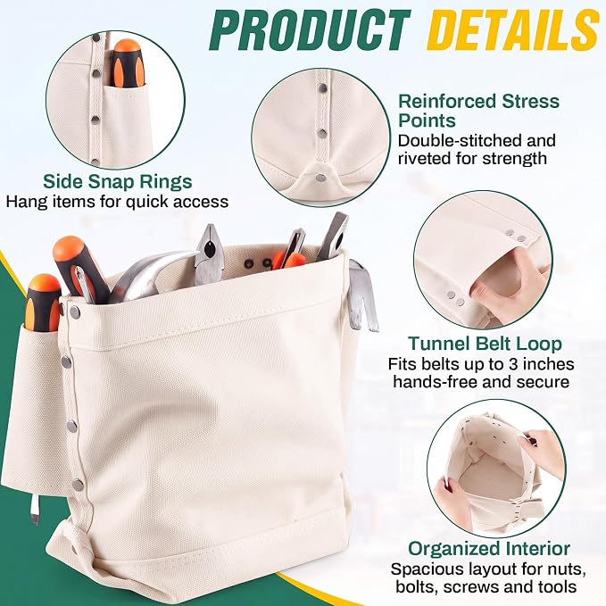 2 Pcs Tool Pouches 5" x 10" x 9", Small Tool Bags Tunnel Connection Utility Pouches for Nuts & Bolts, Double Reinforced Bottom with Belt Strap Connect & Bull Pin Loops for Outdoor Work