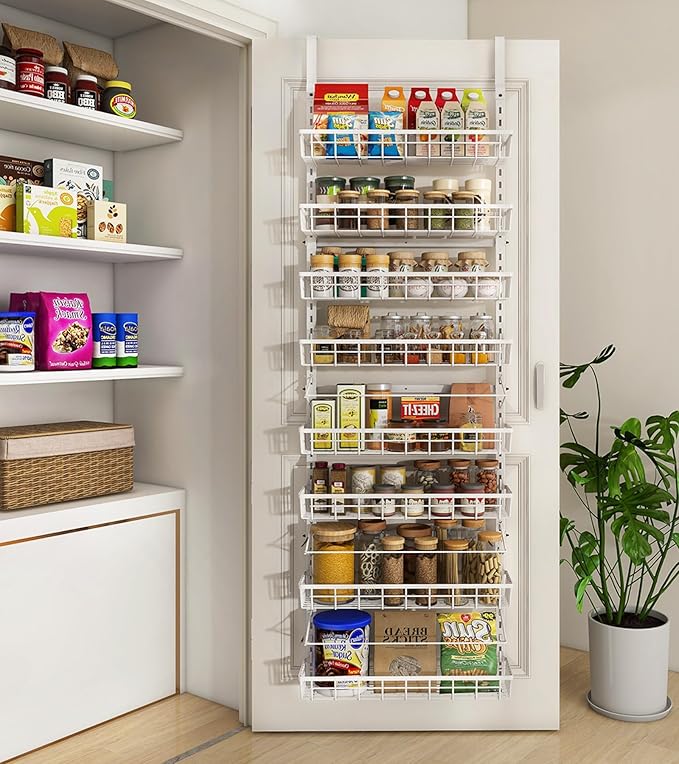 Mefirt Over The Door Pantry Organizer, Wall Mount Spice Rack, Pantry Hanging Storage and Organization, 8 Adjustable Baskets Heavy-Duty Metal for Home & Kitchen, Back of Door Seasoning Rack - White