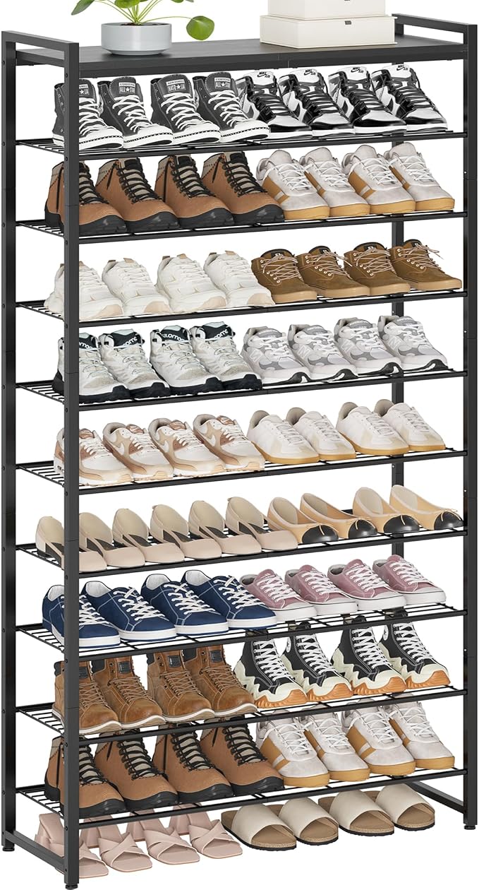 10 Tier Shoe Rack Organizer for 40-50 Pairs, Tall Metal Shoe Storage Shelf with Wood Top, Adjustable Boot Space, Narrow Design for Entryway Closet,Black