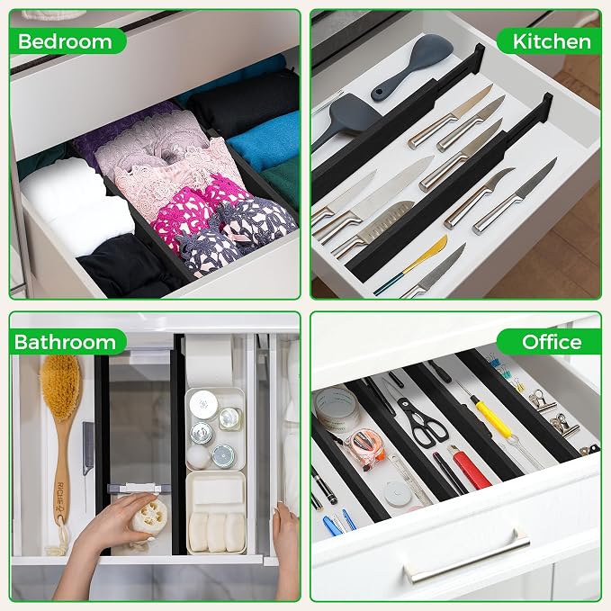 4 Pack Bamboo Drawer Dividers Organizer with Inserts 2.6'' High, Expandable from 12.5-21.7", Adjustable Drawer Organizer Separators for Utensils, Clothing, Office, Dresser, Bedroom, (Black)