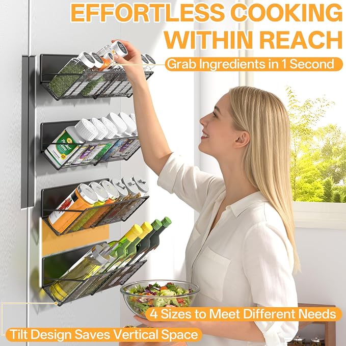 DTUQYX Magnetic Spice Rack 4-Pack for 32 Spices Jars, 14-16.5 inch Long Strong Magnetic Shelves, Space Saving Spice Organizer 45° Tilt for Refrigerator, No Drilling Home Kitchen Storage Shef