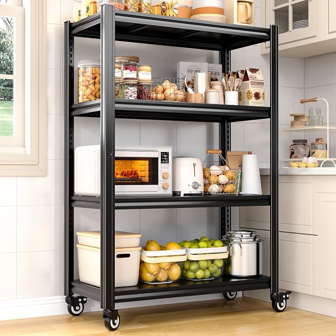 REIBII Rolling Storage Shelves Adjustable Shelf for Kitchen Office | 2080 LBS capacity,59.8" H x 31.5" W x 16.5" D,4 Tier,Black,Solid metal panels，360°wheels with lock,Boltless 10min assembly