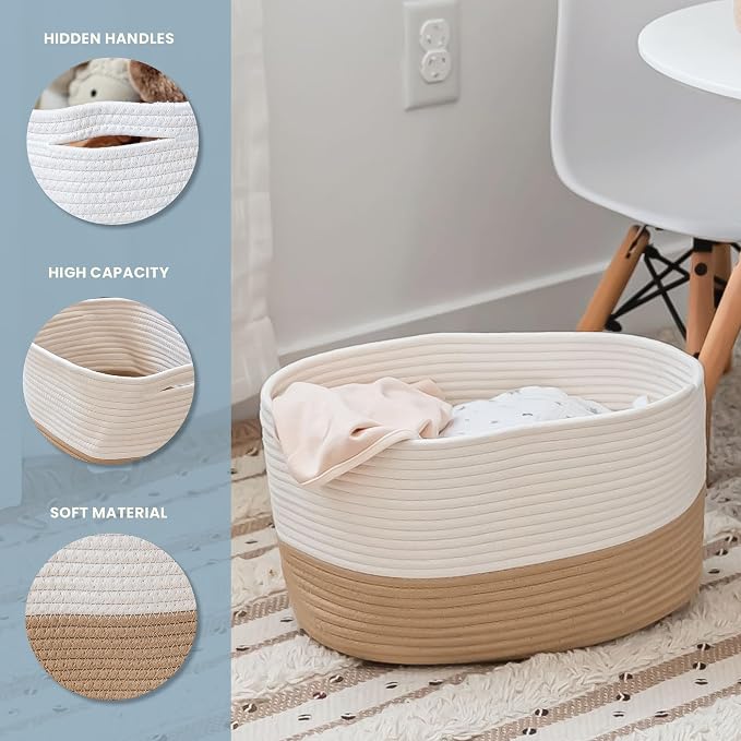 Honey Cotton Rope Basket for Shelf Storage - 15"×10"×9½" - Woven Decorative Basket for Organizing - Closet, Nursery, Bedroom - Toys, Books, Towels, Clothes