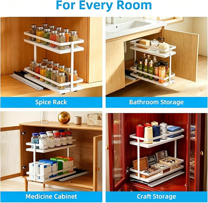 Pull Out Spice Rack 2-Tier Metal & Wood Seasoning Organizer White | No-Drill Install | Full-Extension Silent Glide | Each Tier Holds 10–12 Standard Spice Bottles | Rustproof, Wipe-Clean Surface